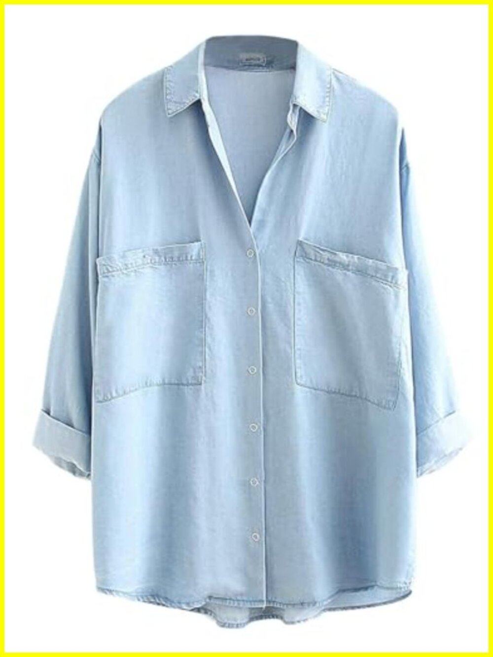 Womens Denim Shirt Chambray Blue Button Down Jean Shirts Tencel 3/4 Sleeve